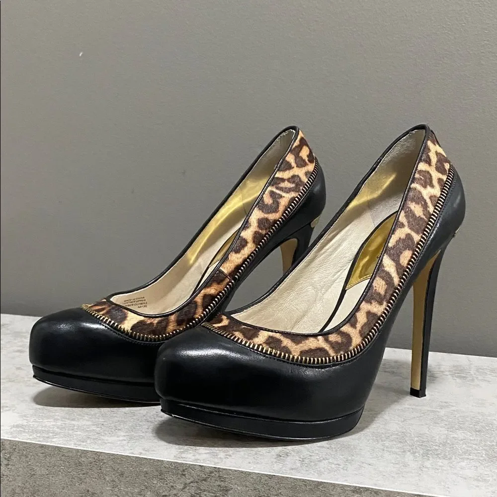 Michael Kors Leopard Cowhide and Black Stiletto Heels Size 8